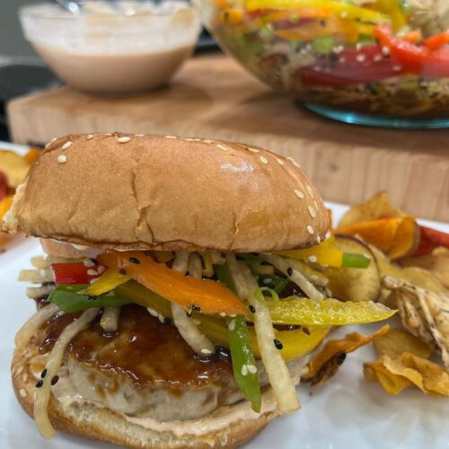 50k chicken burger with rainbow sesame slaw