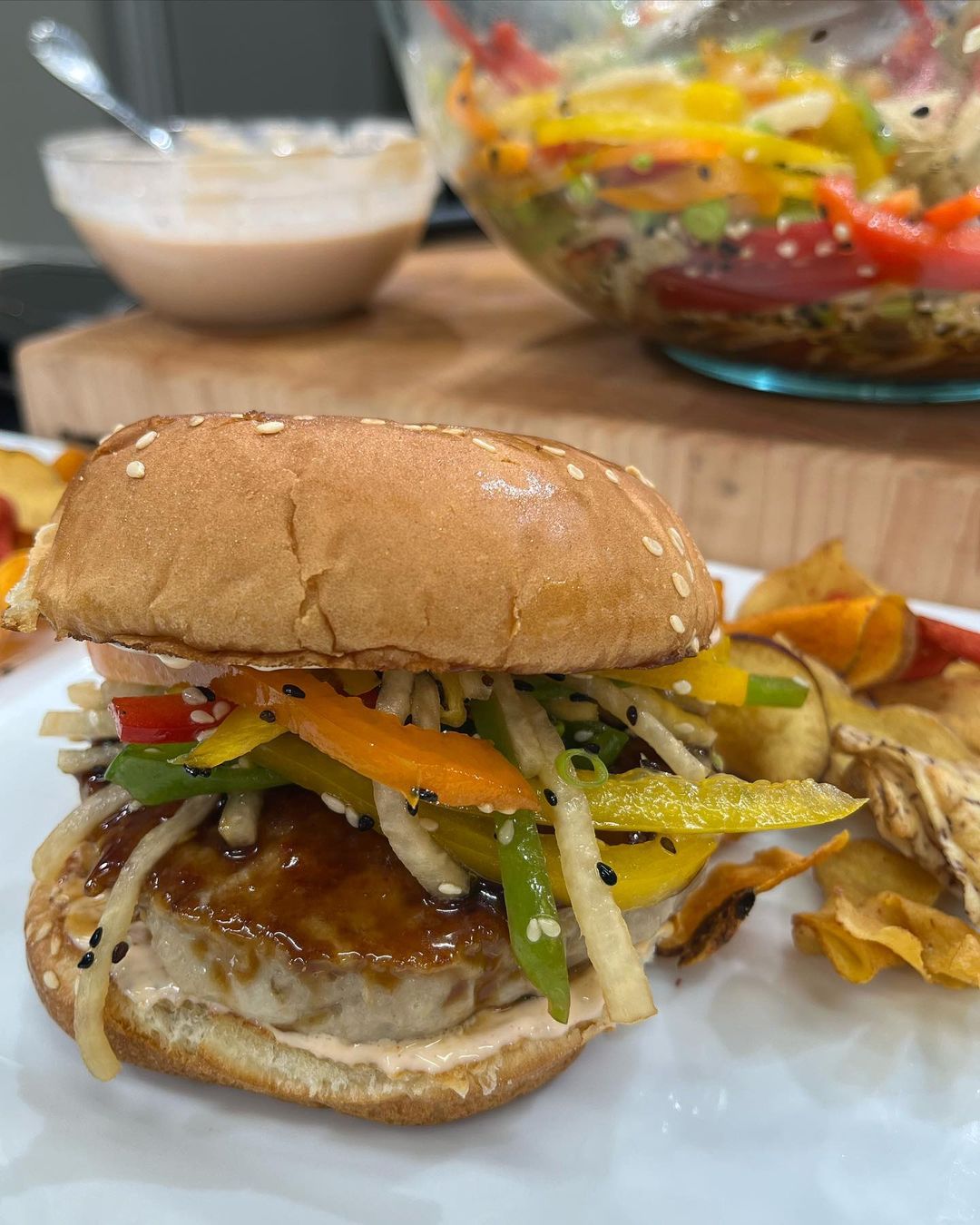 50k chicken burger with rainbow sesame slaw